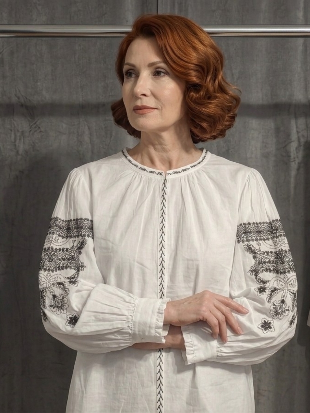 White Embroidered Peasant Blouse with Black Detailing